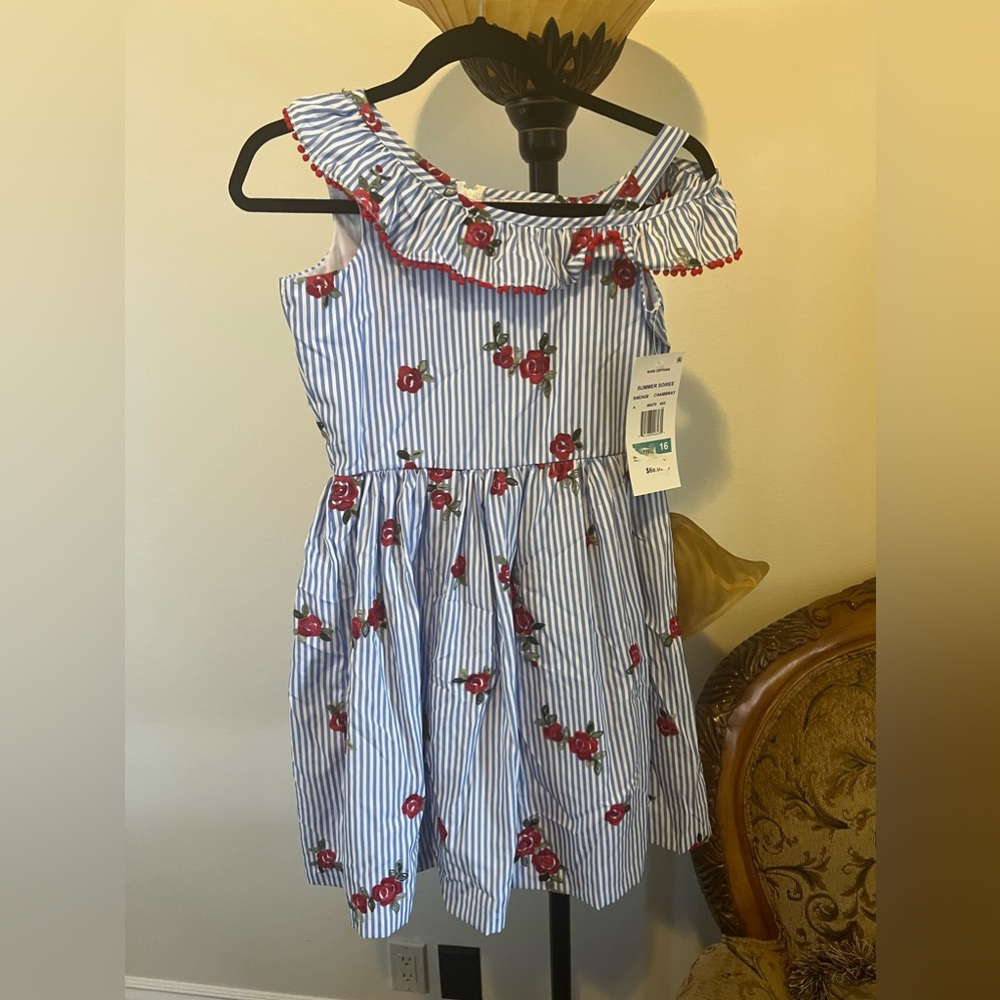Rare Editions Girl Red Flowers Embroidered Striped White Blue  Dress Size 16
